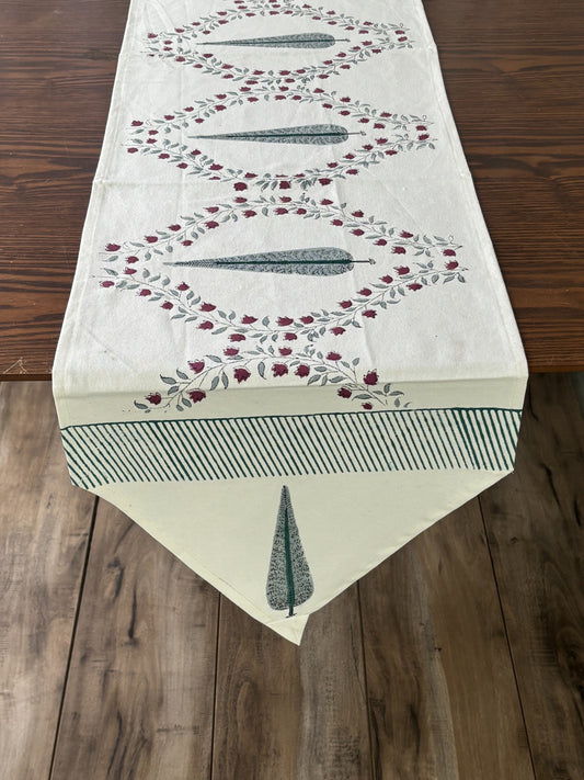 Handblock printed table runner_Floral print_Maroon&Grey
