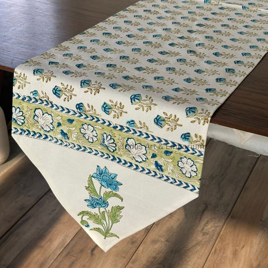 Handblock printed table runner_Floral print_Blue&Mustard