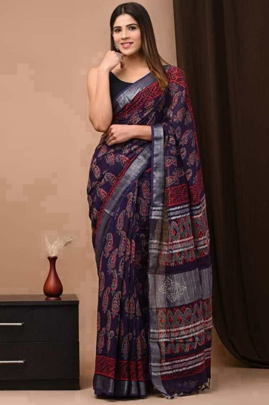 Linen saree - Navyblue