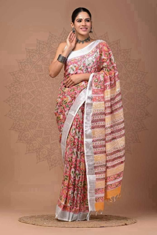 Linen saree - RedFloralwhite