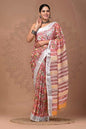 Linen saree - RedFloralwhite