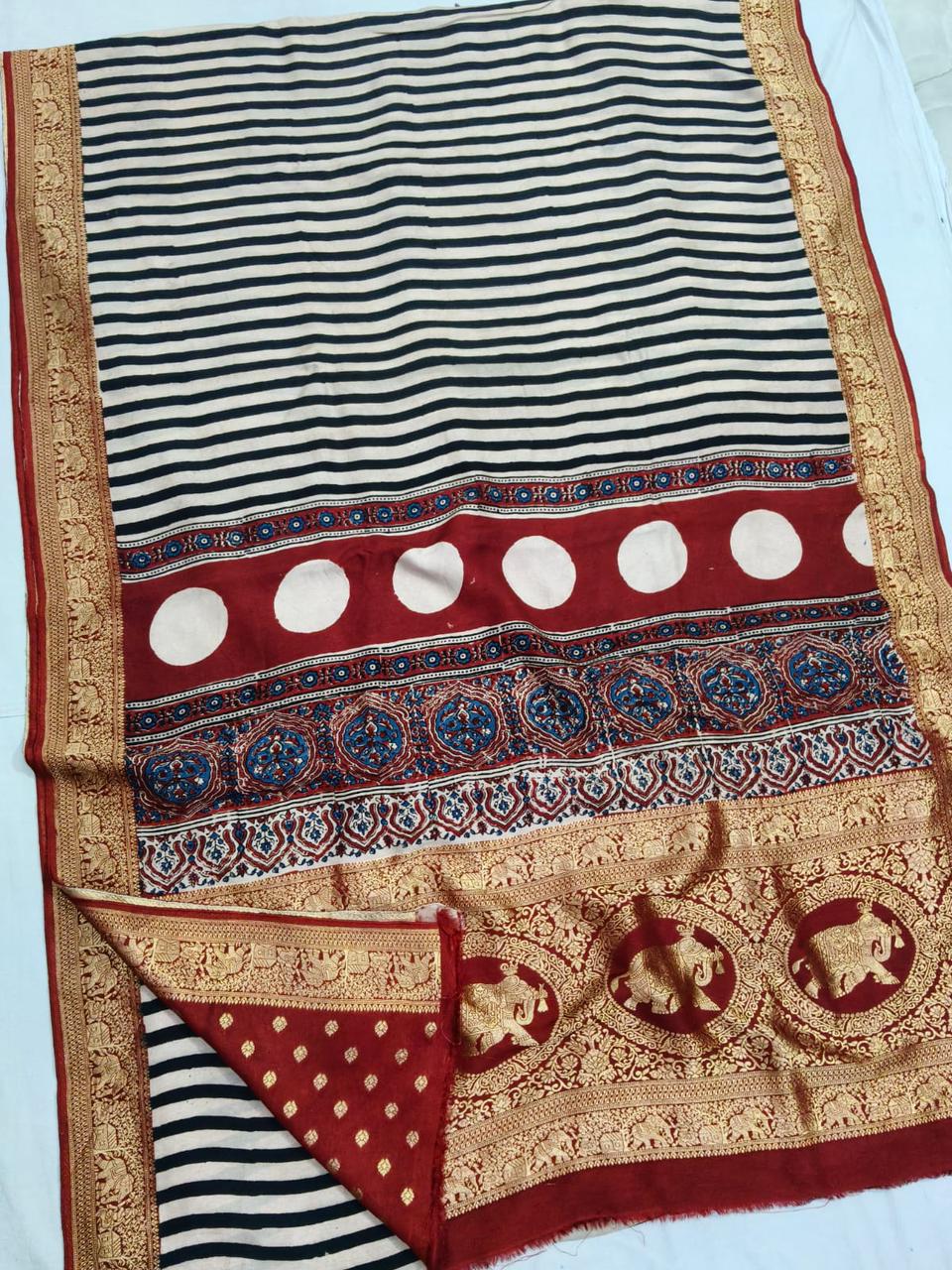 Ajrakh Dola Silk Sarees (Black & White Stripe)