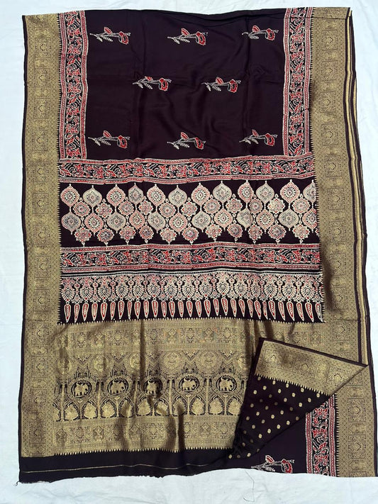 Ajrakh Dola Silk Sarees (Dark Brown, floral prints)