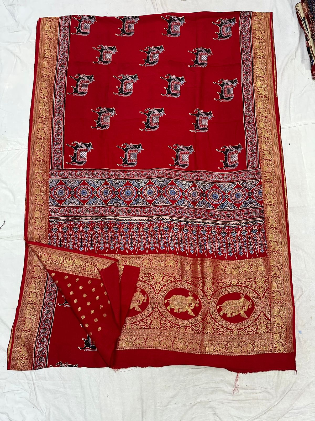 Ajrakh Dola Silk Sarees (Red Cow print)