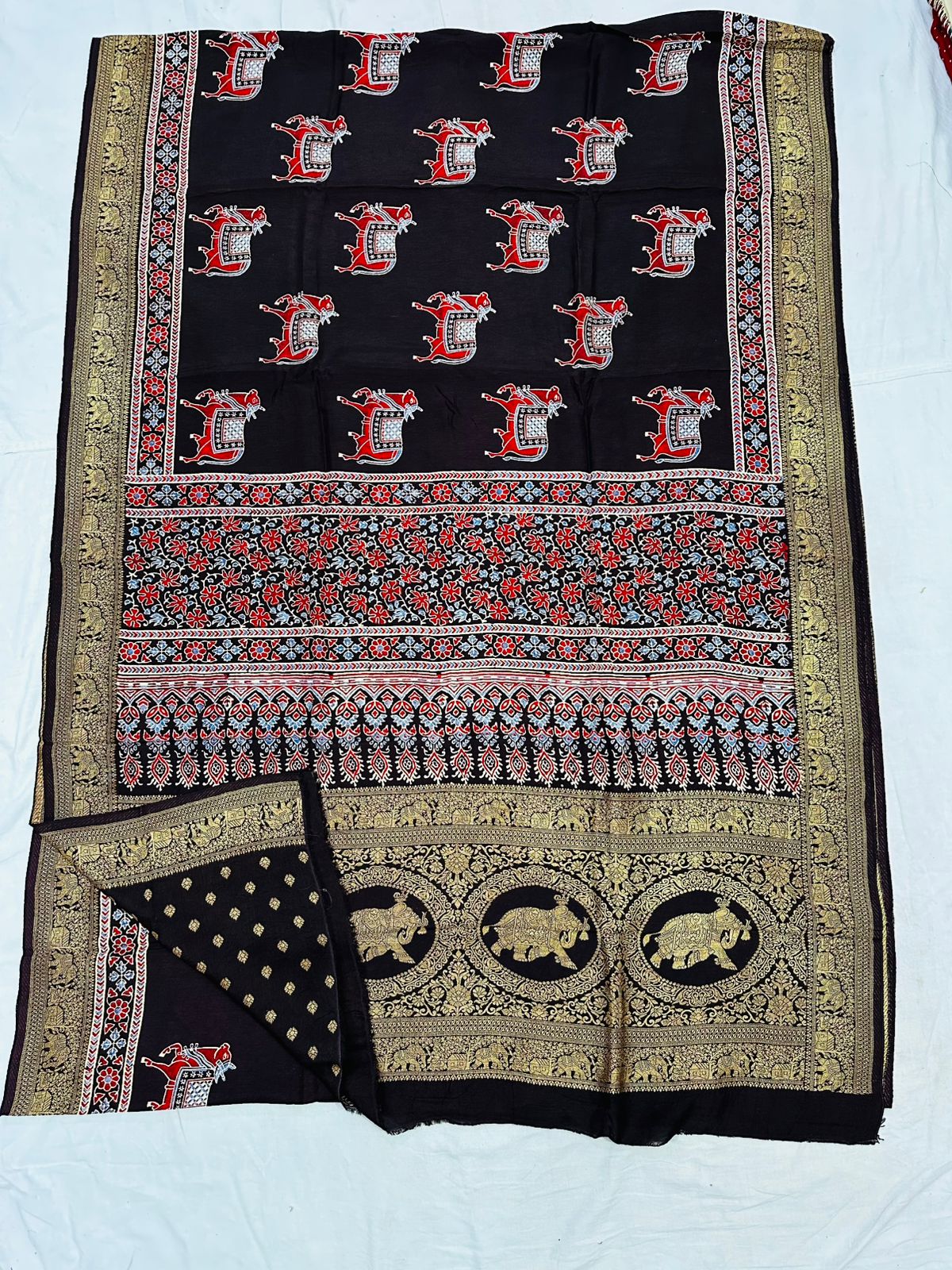 Ajrakh Dola Silk Sarees (Dark Brown Cow print)