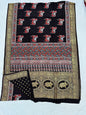 Ajrakh Dola Silk Sarees (Dark Brown Cow print)