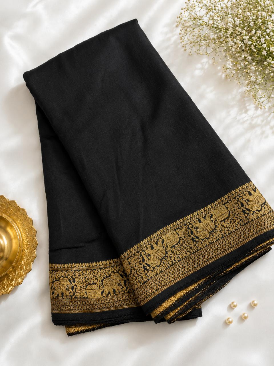 Dola Silks - Elephant border (black)