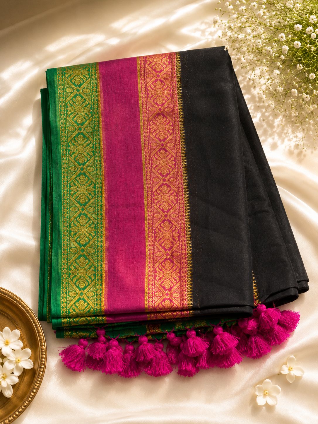 Mulcotton Sarees (Black with green and pink border)
