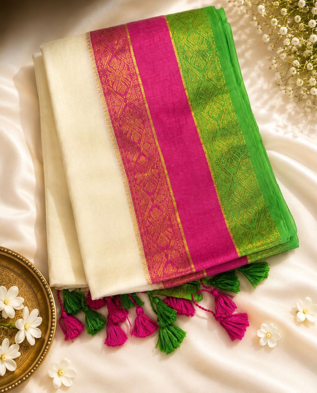 Mulcotton Sarees (White with green and pink border)