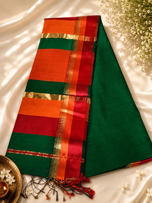 Maheshwari Silk - Green with orange (temple border)