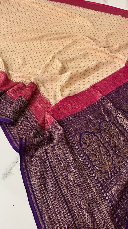 Banarasi Khadi Crepe Silks - Beige&Pink&Purple(3D)