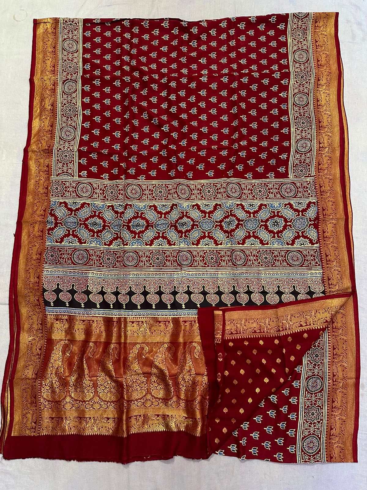 Ajrakh Dola Silk Sarees (Red Floral Print)