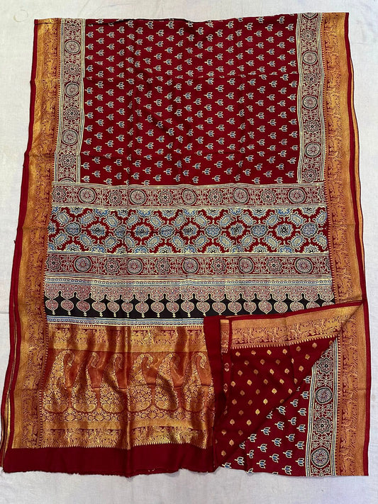 Ajrakh Dola Silk Sarees (Red Floral Print)