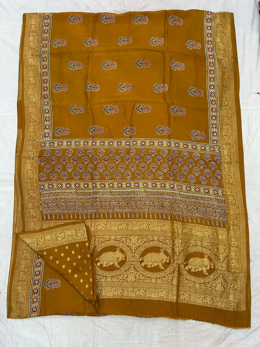 Ajrakh Dola Silk Sarees (Mustard Floral print)
