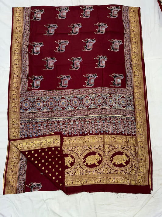 Ajrakh Dola Silk Sarees (Maroon, cow print)