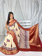 Ajrakh Dola Silk Sarees (Cream and Red, Cow print)