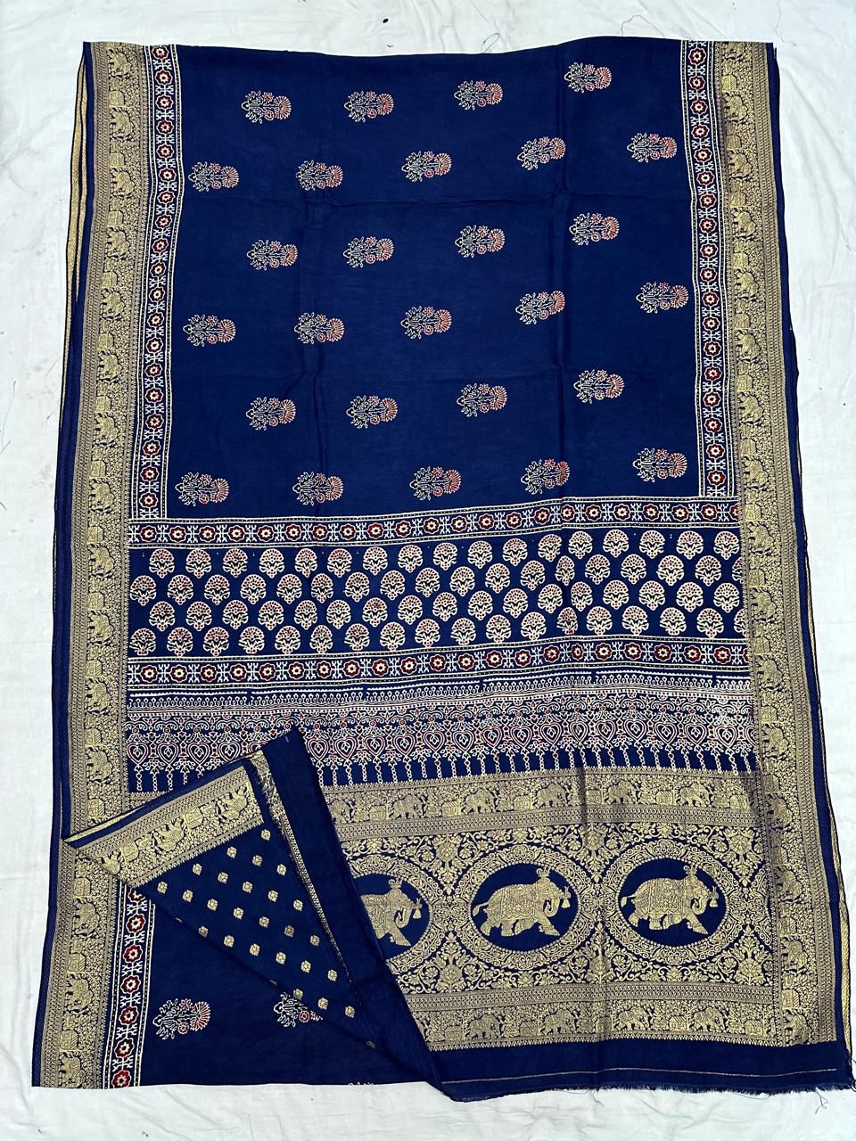 Ajrakh Dola Silk Sarees (Blue Floral print)