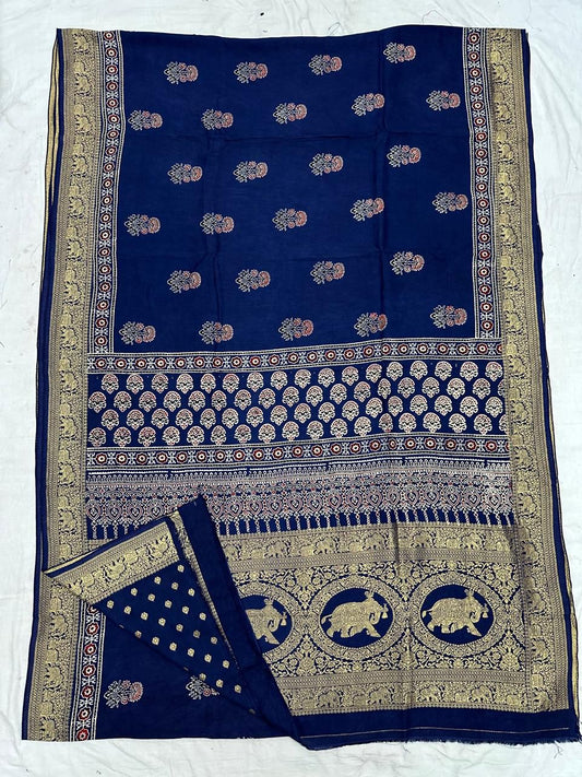 Ajrakh Dola Silk Sarees (Blue Floral print)