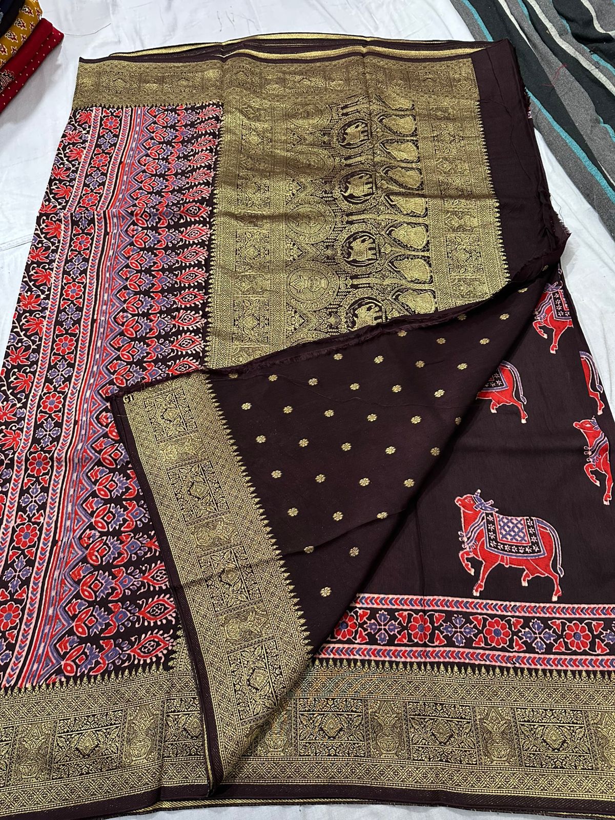 Ajrakh Dola Silk Sarees (Brown, cow print)