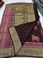 Ajrakh Dola Silk Sarees (Brown, cow print)