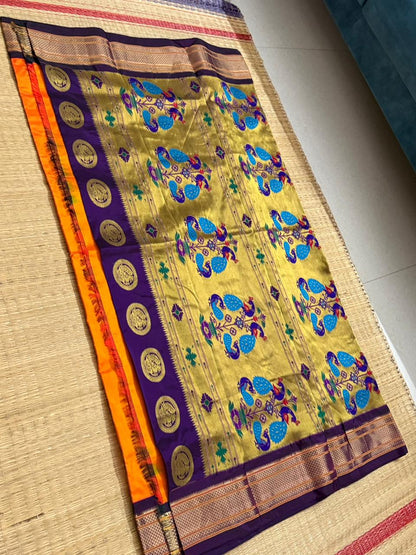 Paithani Silk saree (Meenakari) - Orange&Purple
