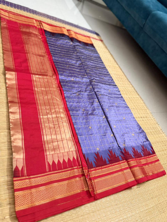 Ilkal Silk saree (Checks+Butta) - Lavender&Red
