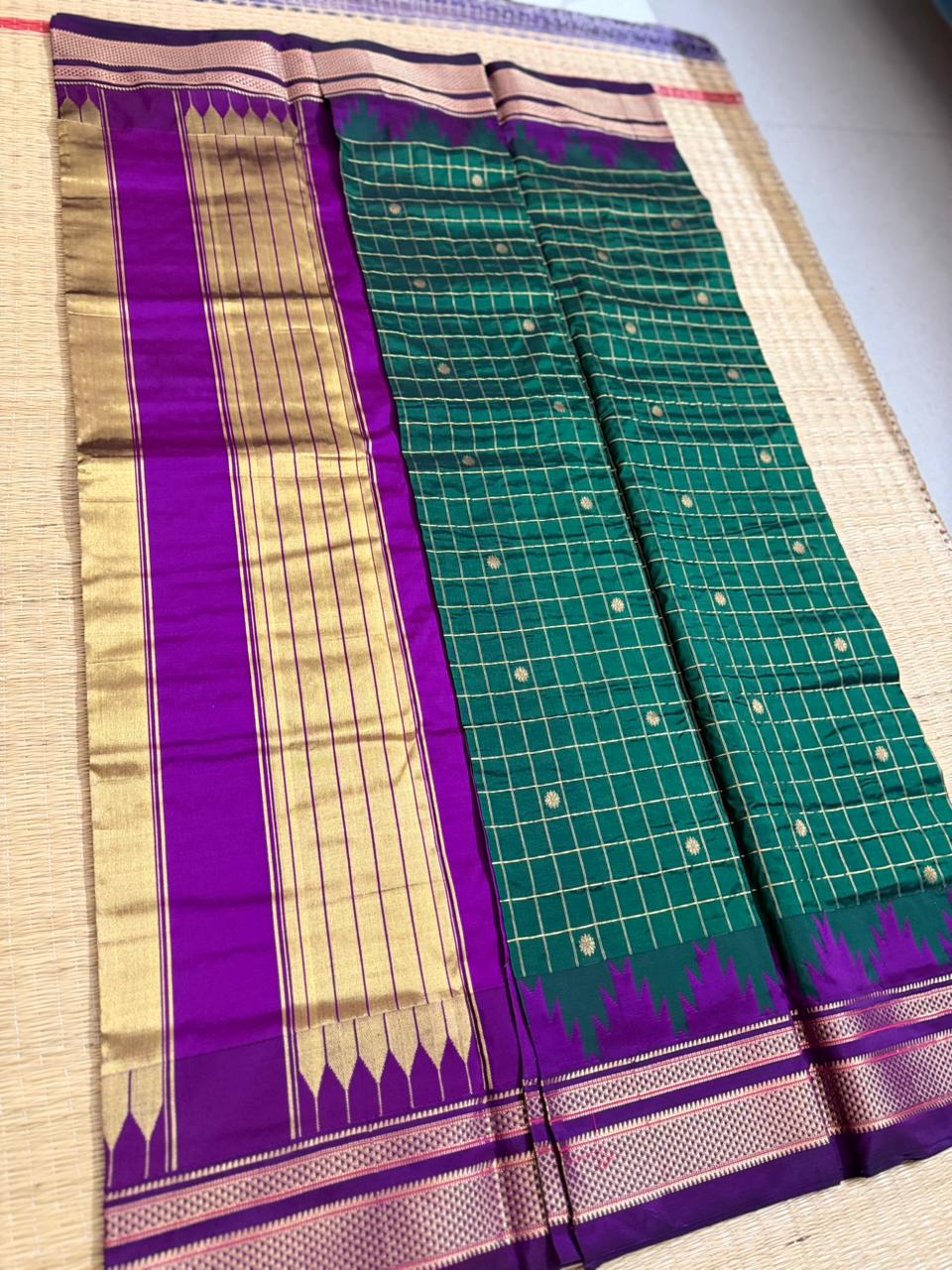 Ilkal Silk saree (Checks+Butta) - Green&Purple