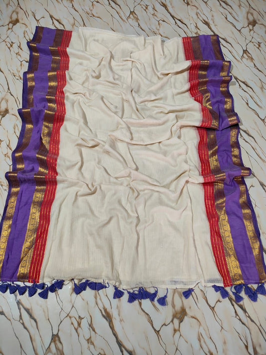 Mulcottonsaree - White&Blue&Red