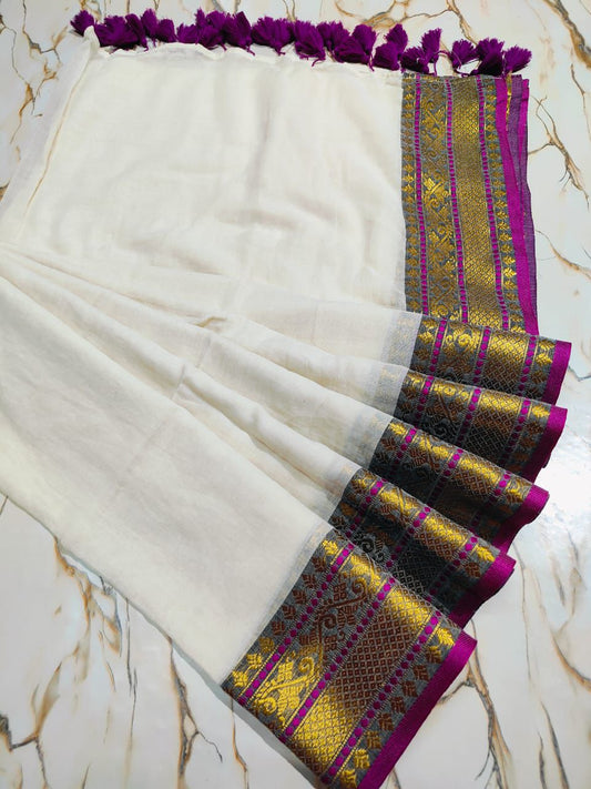 Mulcottonsaree - White&Violet