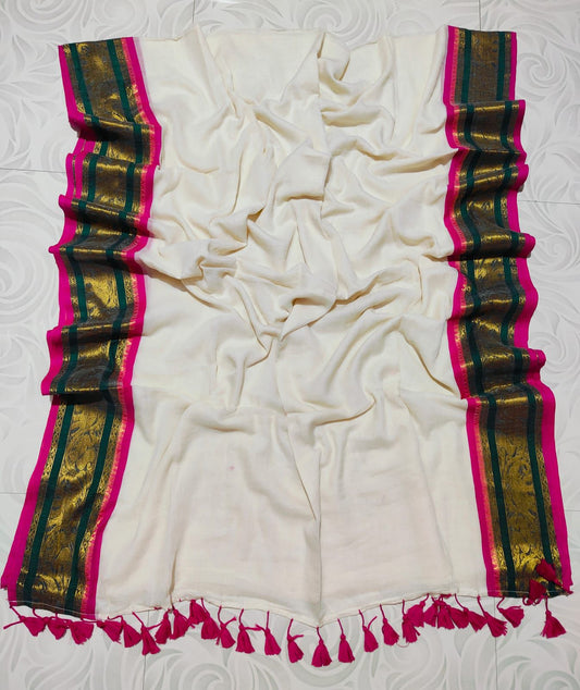 Mulcottonsaree - OffWhite&Green&Pink
