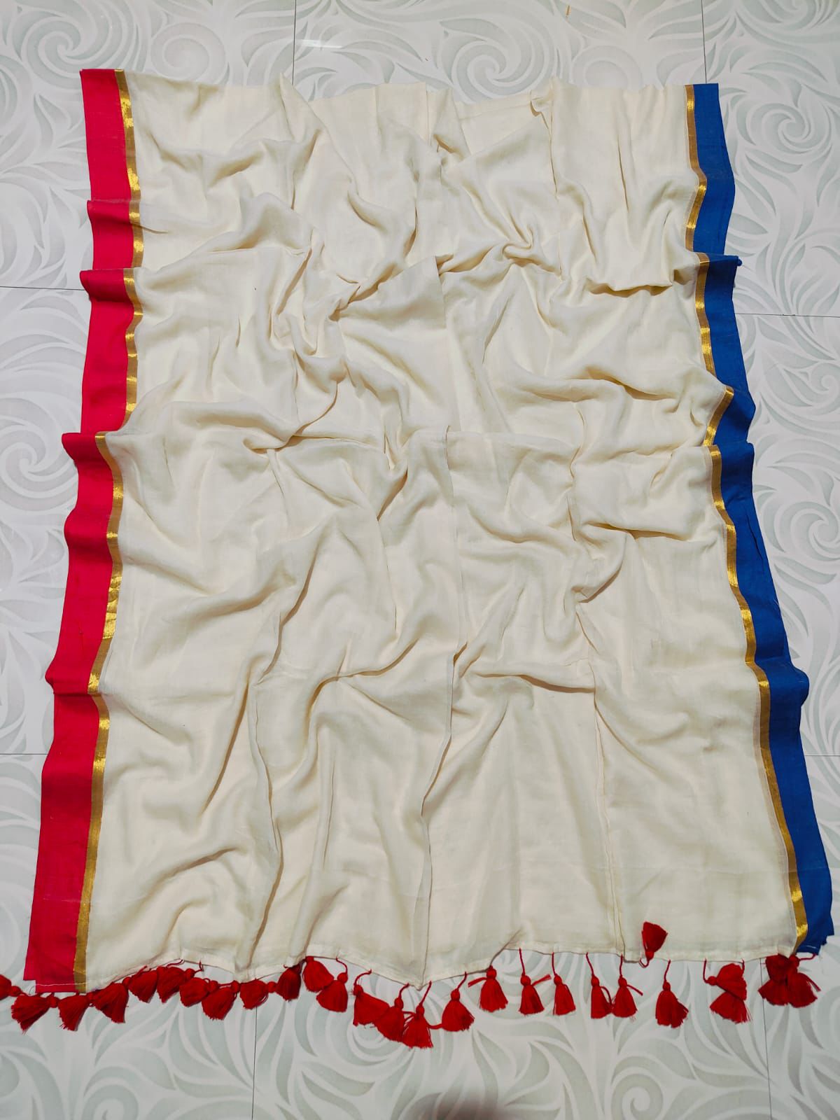 Mulcottonsaree - White&Red&Blue2