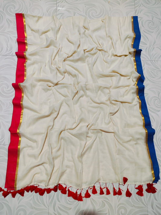 Mulcottonsaree - White&Red&Blue2