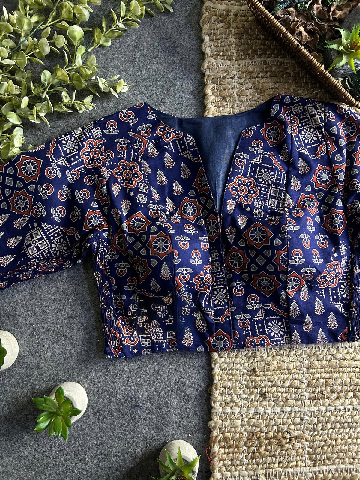 Comfort Fit Ajrakh Print Stretchable Blouse - Navy Blue (Size 36-40)