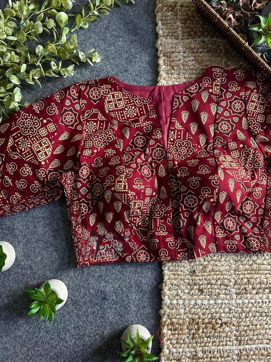 Comfort Fit Ajrakh Print Stretchable Blouse - Maroon (Size 32-36)