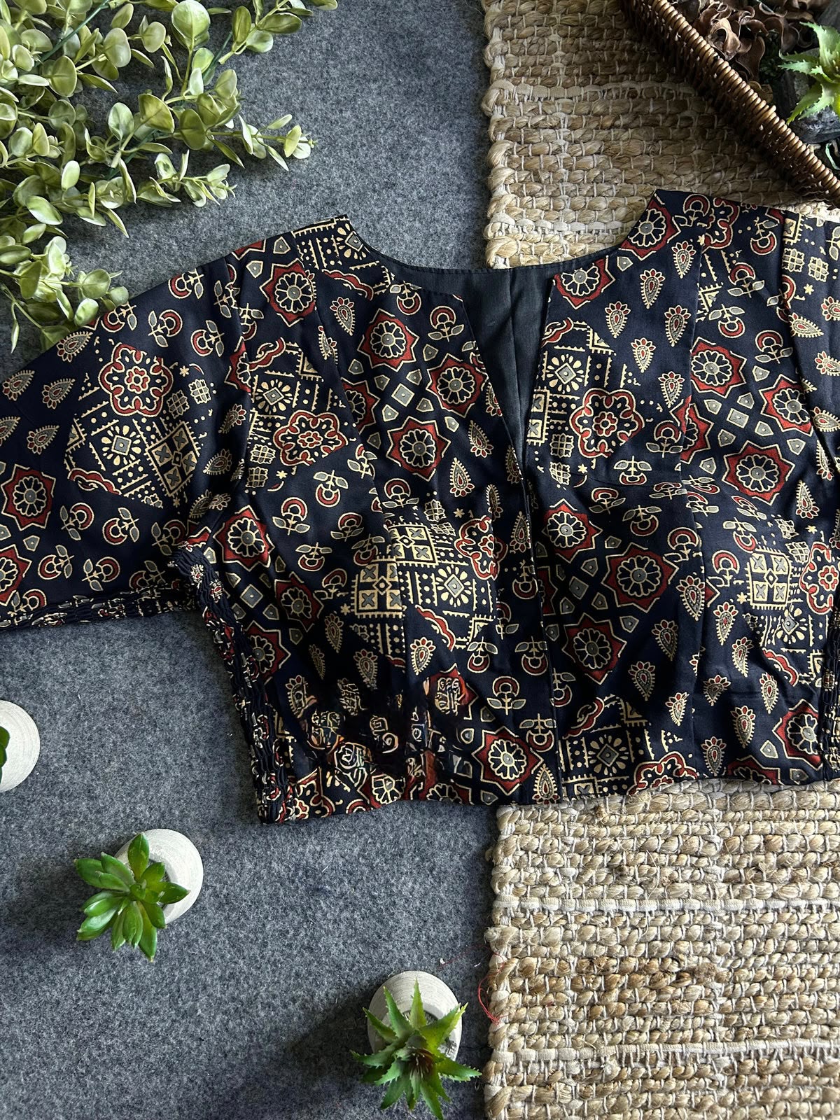 Comfort Fit Ajrakh Print Stretchable Blouse - Black (Size 32-36)