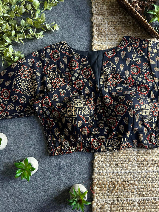 Comfort Fit Ajrakh Print Stretchable Blouse - Black (Size 32-36)