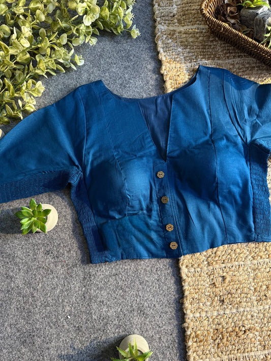 Plain Cotton Stretchable Blouse (V Neck) - Blue(Size 36-40)