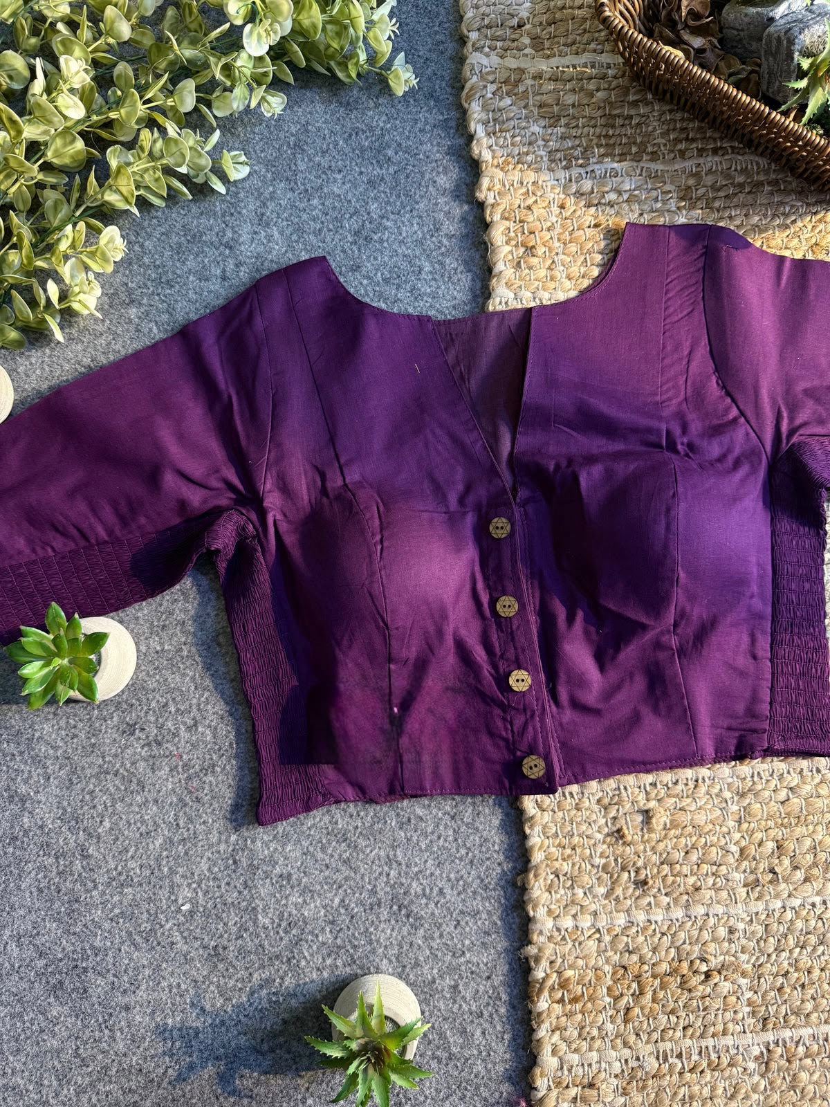 Plain Cotton Stretchable Blouse (V Neck) - Purple(Size 36-40)