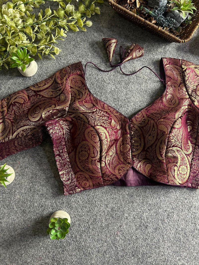 Brocade Stretchable Blouse - Maroon - Sleeved (Size 36-40)