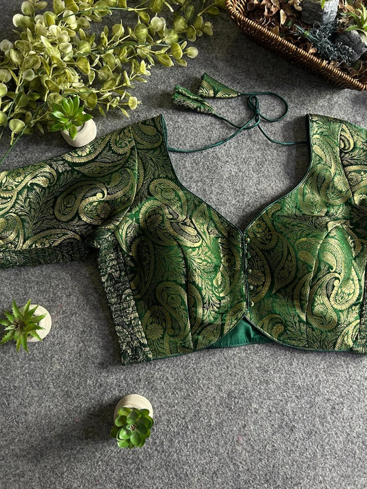 Brocade Stretchable Blouse - Bottle Green - Sleeved (Size 36-40) (Copy)