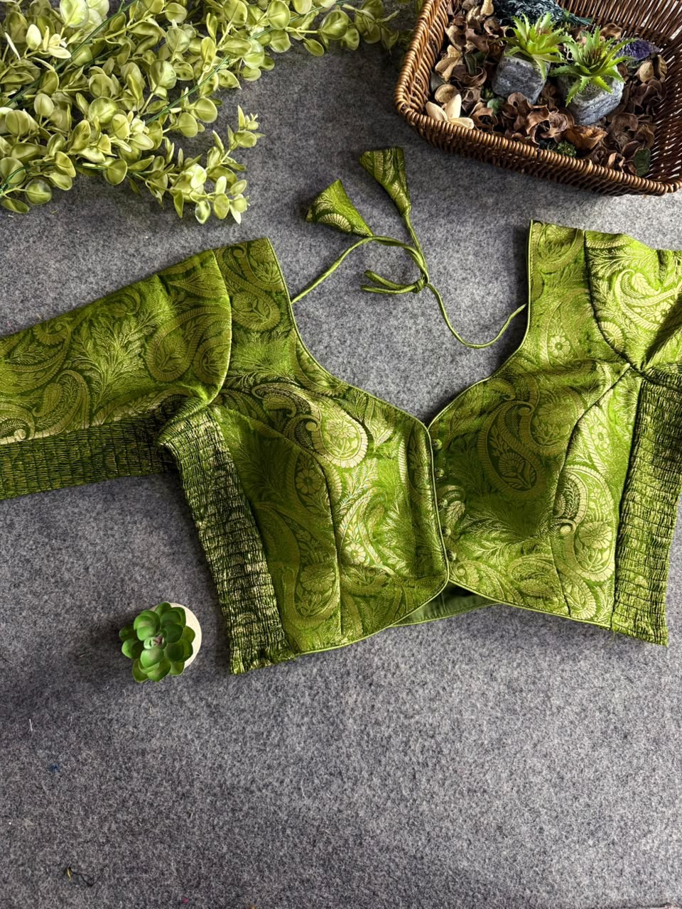 Brocade Stretchable Blouse - Mehndi Green - Sleeved (Size 36-40)