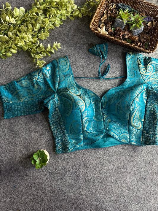 Brocade Stretchable Blouse - Sky Blue - Sleeved (Size 36-40)