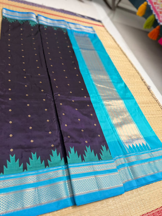 Ilkal Silk saree (Small Butta with temple border) - Black&Blue