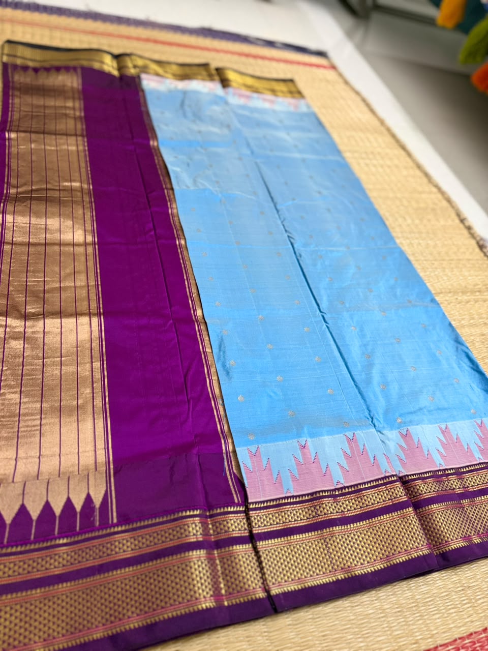 Ilkal Silk saree (Small Butta with temple border) - Blue&Purple