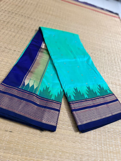 Ilkal Silk saree (Small Butta with temple border) - OceanBlue&Navyblue