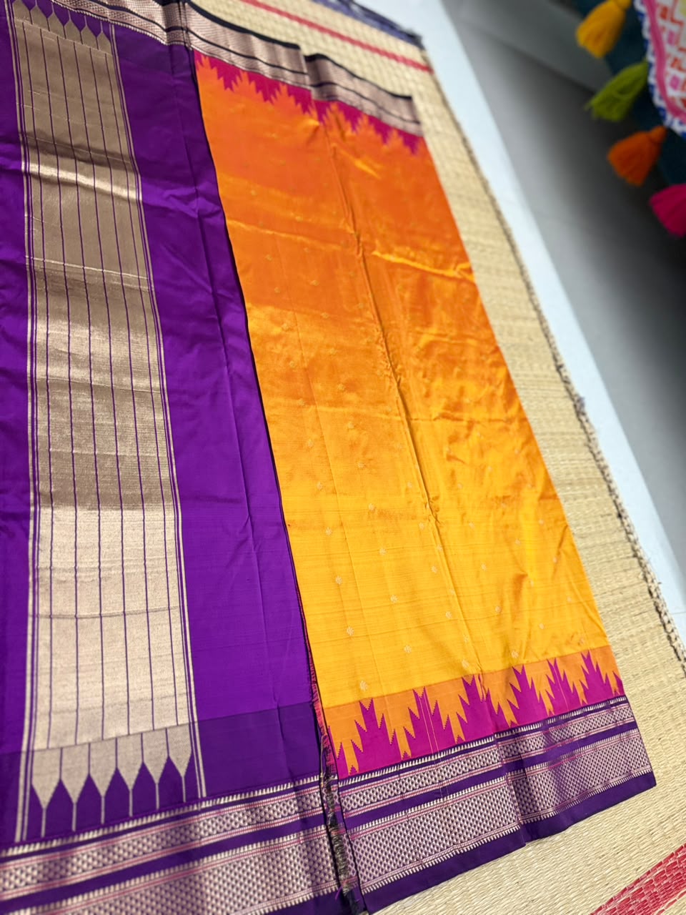 Ilkal Silk saree (Small Butta with temple border) - Orange&Purple