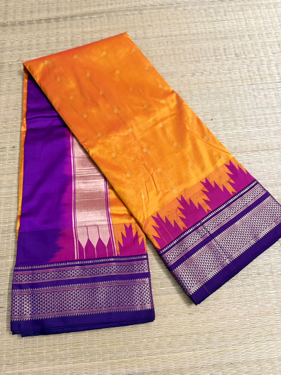 Ilkal Silk saree (Small Butta with temple border) - Orange&Purple