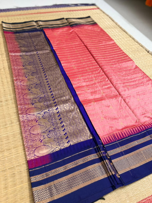 Ilkal Silk saree (Checks+Butta) - Peach+NavyBlue