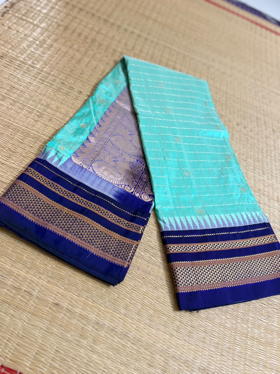 Ilkal Silk saree (Checks+Butta) - OceanBlue+NavyBlue