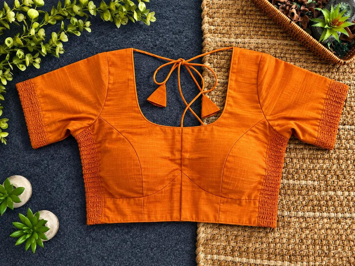 Raw Silk Stretchable Blouse - Orange (32-34)